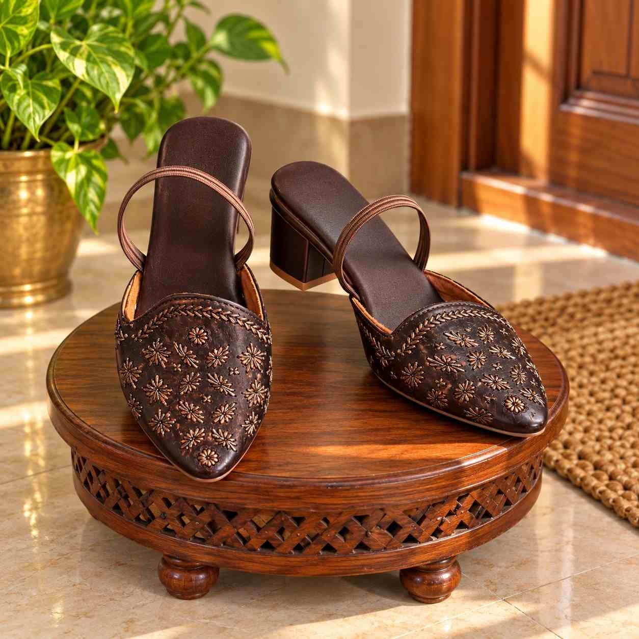 Artisanal Block Heel Sandals with Sling Strap | Rich Brown Handcrafted Footwear for Ethnic Outfits