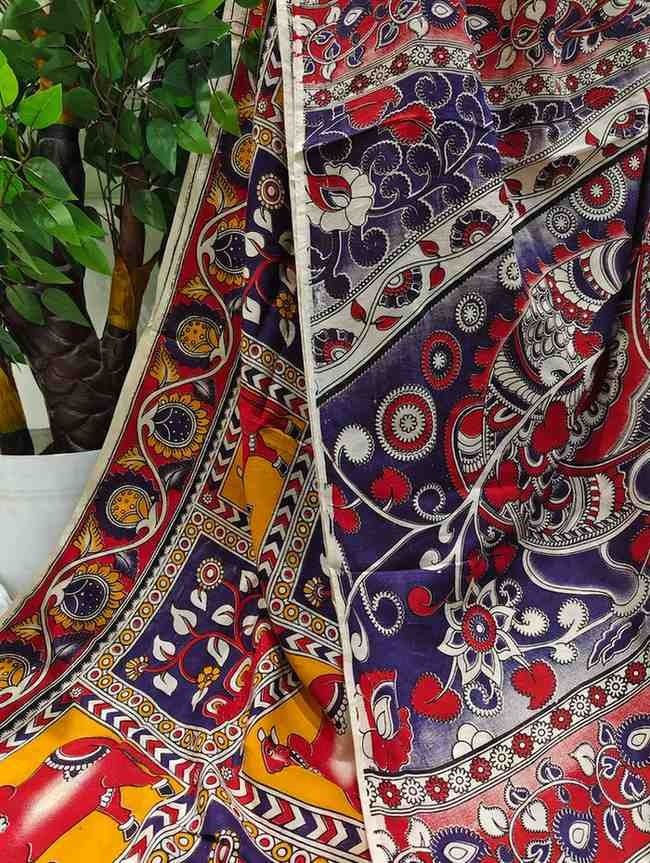 'Gopivastra' Multicolor canvas with Cow and Leaf motifs Nellore Silk Kalamkari Saree