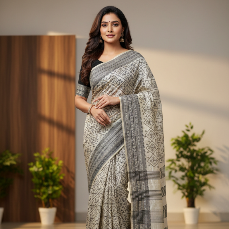 Black Thread Work Tussar Silk Saree - Bird Motifs