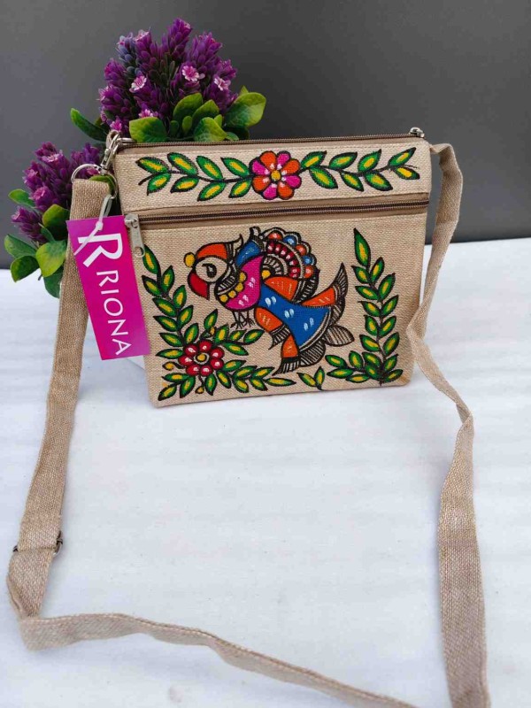 Handpainted Madhubani Jute Small Sling Bag - Pakshi Design