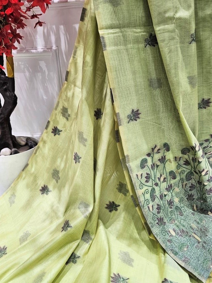 Lotus Art Muga Jamdani Saree - Neon Green