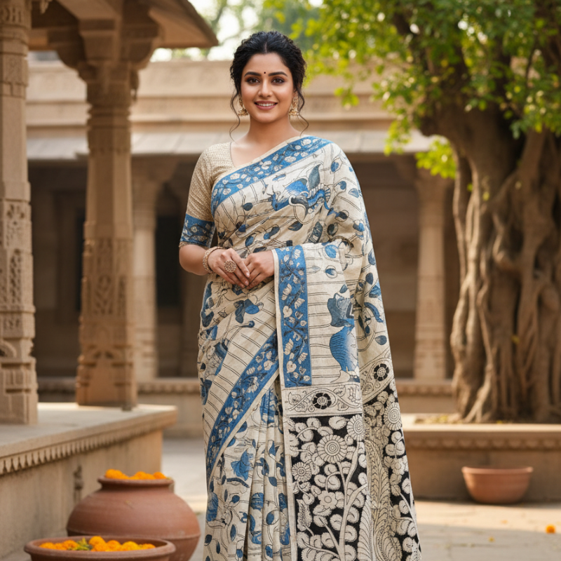 'Gokamalini' Off White canvas cotton Kalamkari Saree