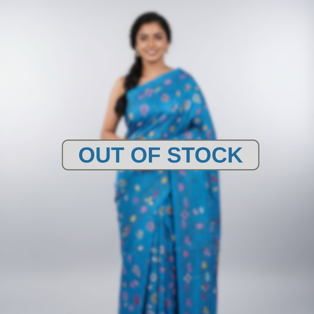 Bangalore Silk Blend Kantha Saree -  Deep Sky Blue With Peacock and Deer Design