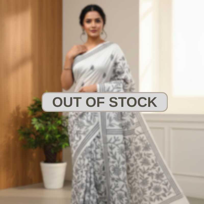 Cornetto Cut Bangalore Silk Kantha Saree - White with Grey Floral design