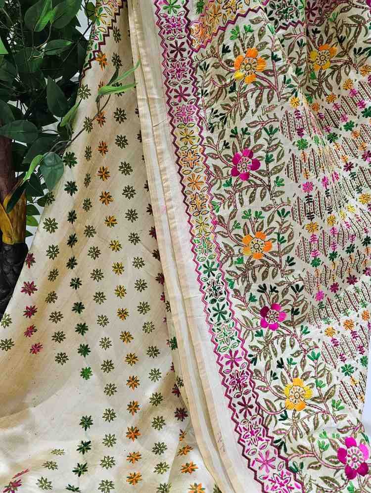 Hand Stitched Kadhwa Kantha Saree - Mixed Colour