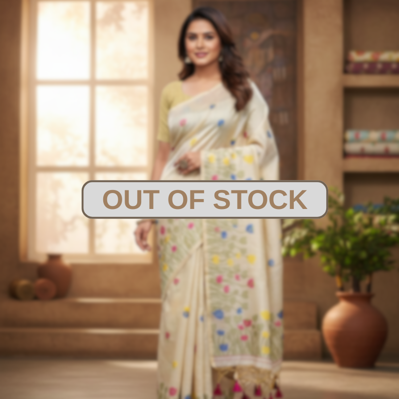 Muga Assam Silk – Off White with Magenta Lapis Floral Bloom