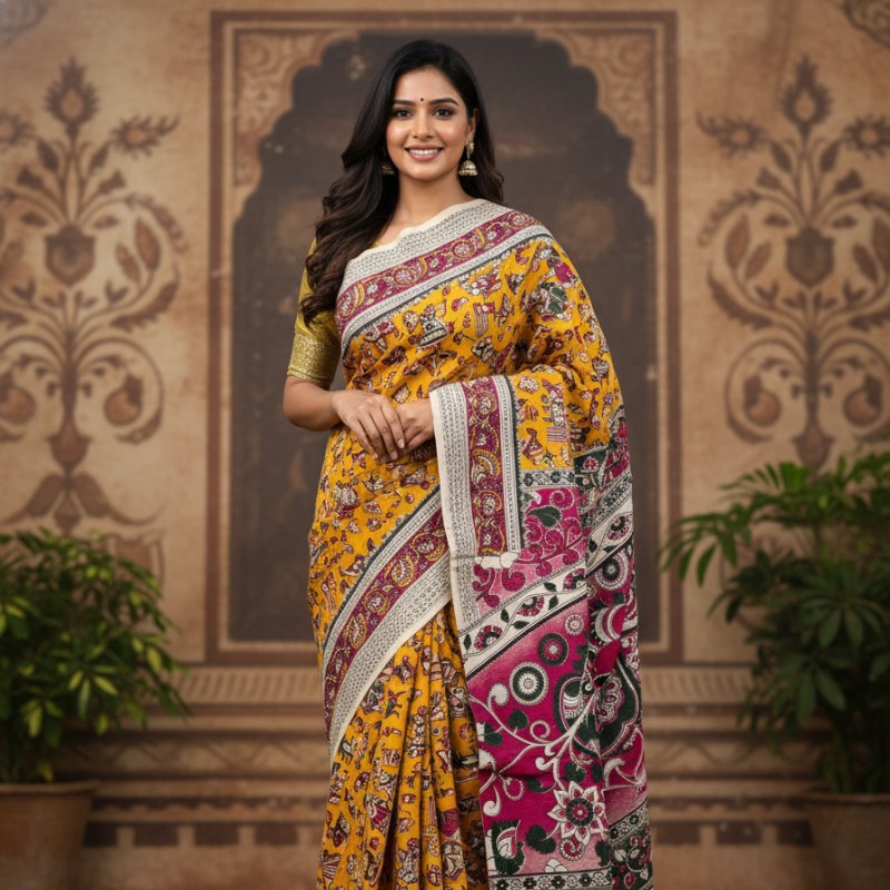 'Rangamala' Yellow canvas with Human motifs cotton Kalamkari Saree
