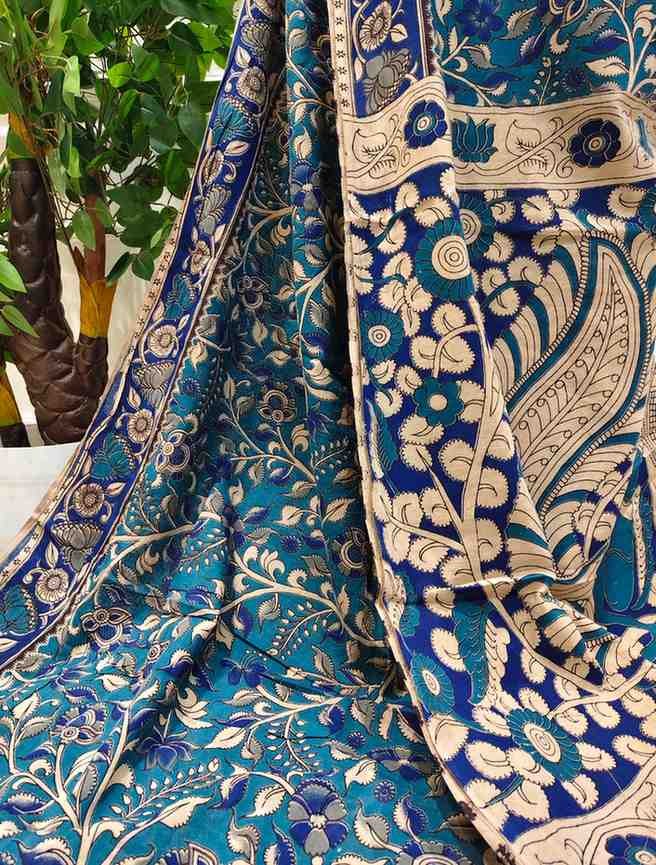 'Neelalata' Teal Blue canvas cotton Kalamkari Saree