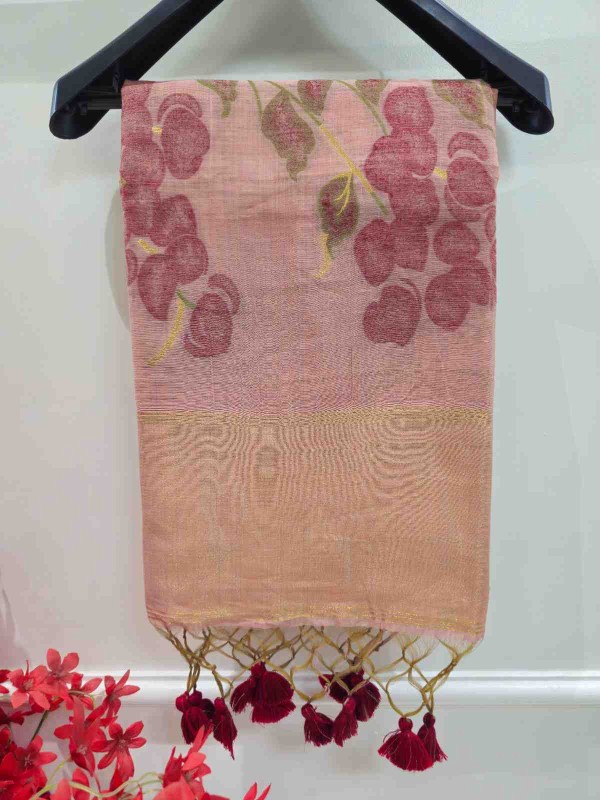 Floral Art Jamdani Saree - Light peach with Maroon Motifs