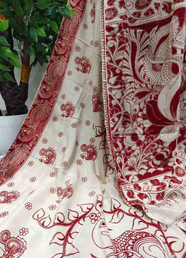 'Chitrangi' Cream base with Floral and Peacock motifs Nellore Silk Kalamkari Saree