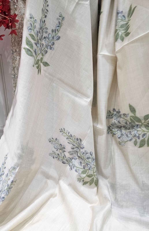 Floral Art Jamdani Saree - off white with blue Blossom