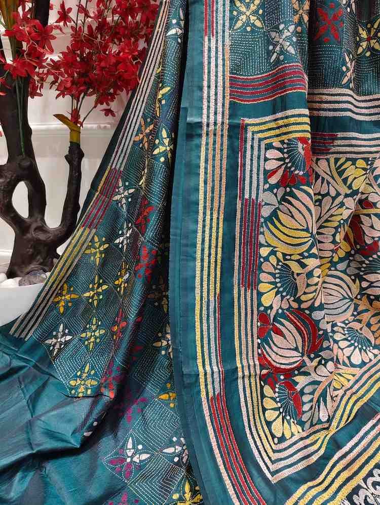 Floral Grid on Teal Bangalore Silk Kantha Saree