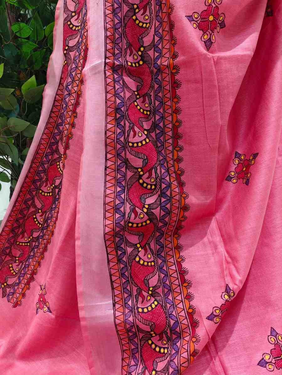 ' 'Gulabi noor' Pink Hand Painted Madhubani Blend Saree