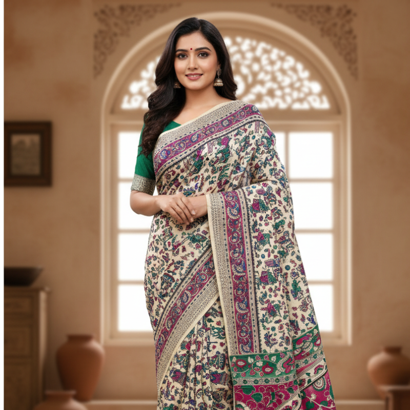 'Nrityachitra' Off white canvas with human motifs cotton Kalamkari Saree