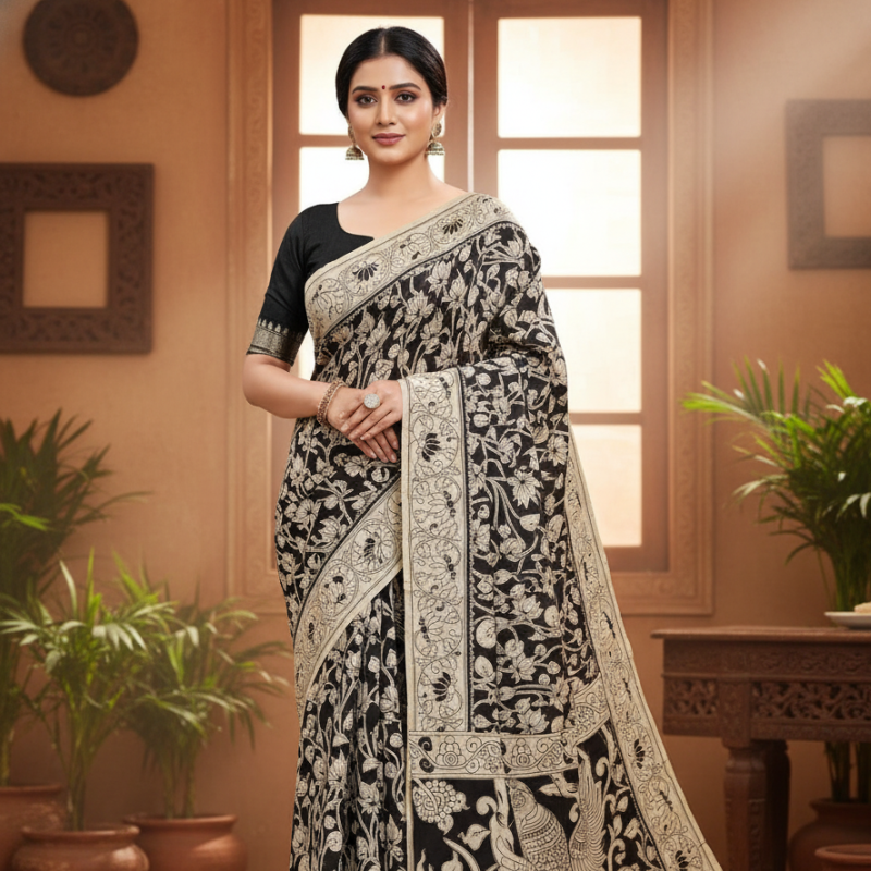 'Rajanikamal' Black canvas with Lotus motifs Nellore Silk Kalamkari Saree