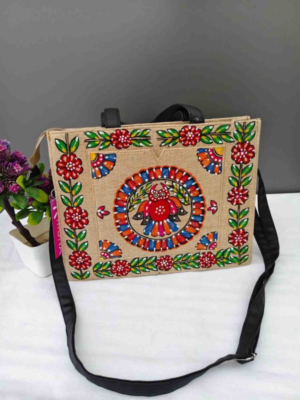 Handpainted Madhubani Box Tote Jute Bag - Owl Design