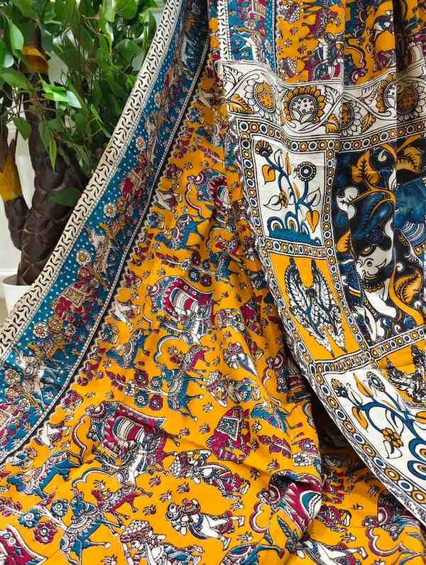 'Rajvihar' Yellow canvas with Animal motifs  Nellore Silk Kalamkari Saree