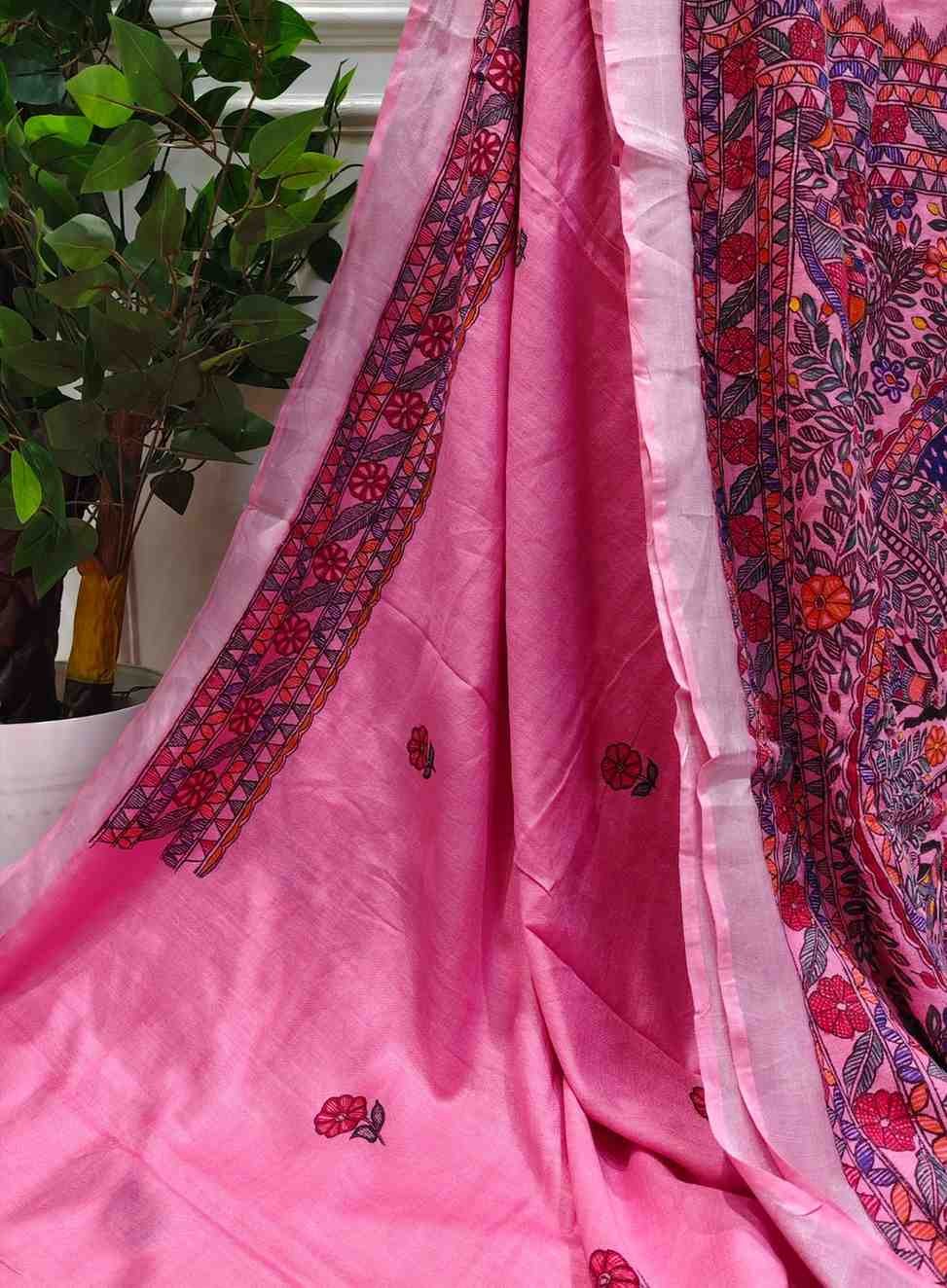 'Gulabi chitra' Light Pink Hand Painted Madhubani Blend Saree