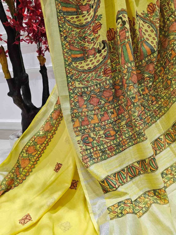 Exquisite Hand Painted Yellow Cotton Madhubani