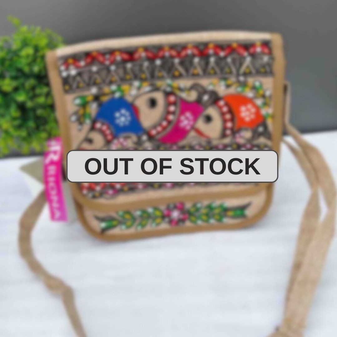 Handpainted Madhubani Jute Round cut Sling Bag - Fish Design