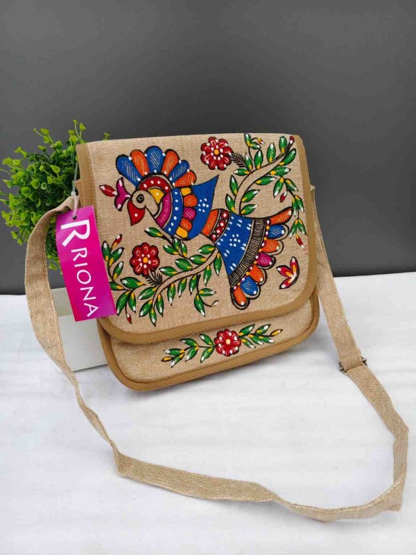 Handpainted Madhubani Jute Round cut Sling Bag - Blue Peacock Design