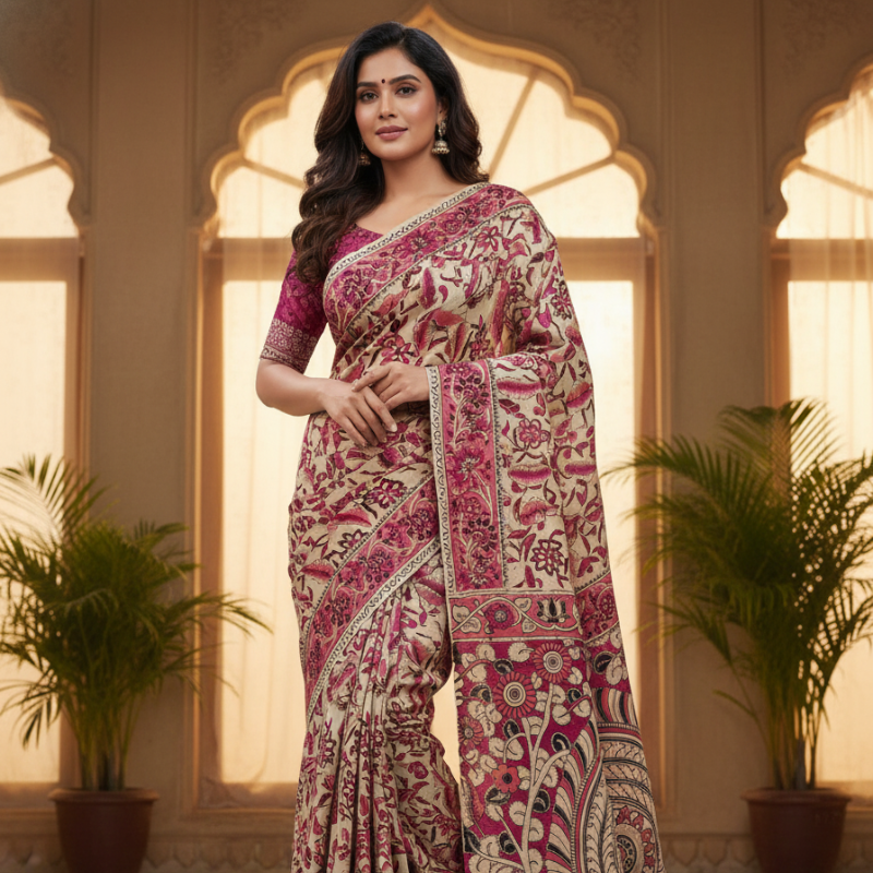 'Raktakusuma' Off White canvas with Red Floral motif cotton Kalamkari Saree
