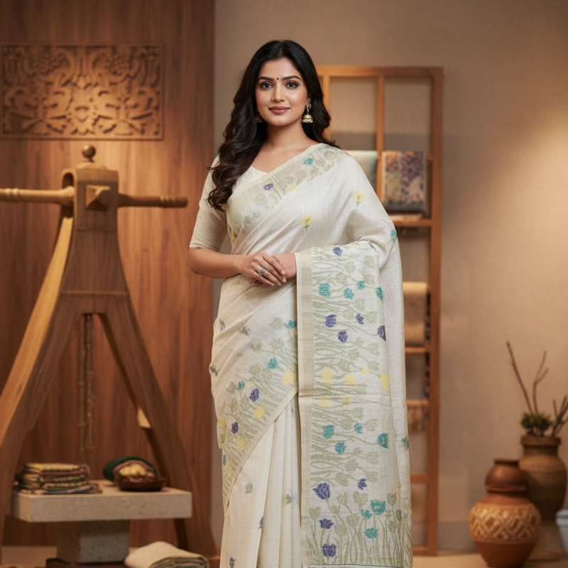 Muga Assam Silk - Off White with Berry Sapphire floral bloom