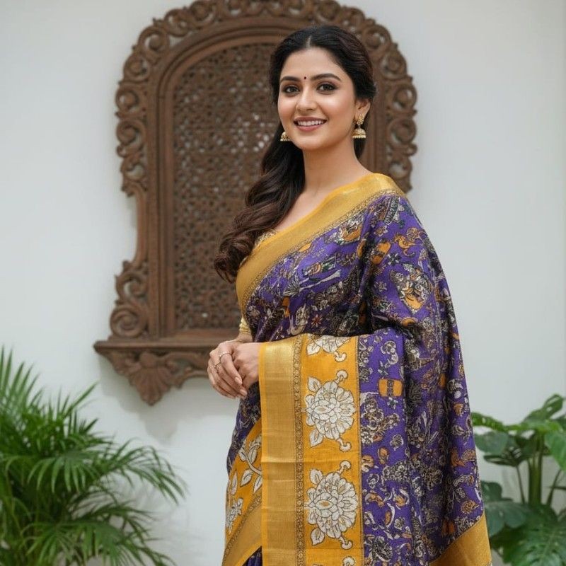 'Narikatika' Purple canvas with Trees and Human motifs  cotton Kalamkari Saree