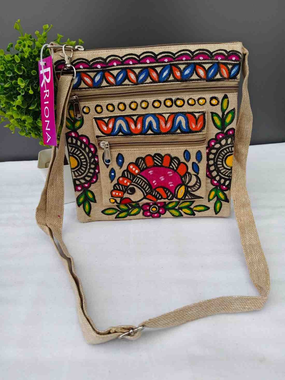 Handpainted Madhubani Double Chain Jute Small Sling Bag - Half Fish Design