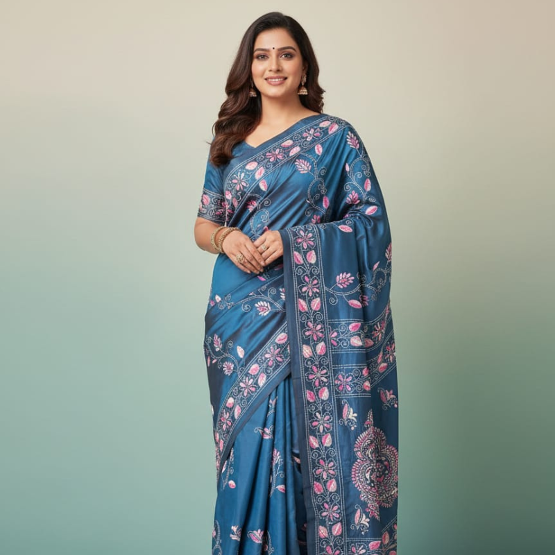 Bangalore Silk Blend Kantha Saree -  Deep Teel With Nakshi Design