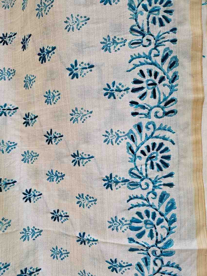 Hand Stitched Kadhwa Kantha Saree - Tiffary Blue