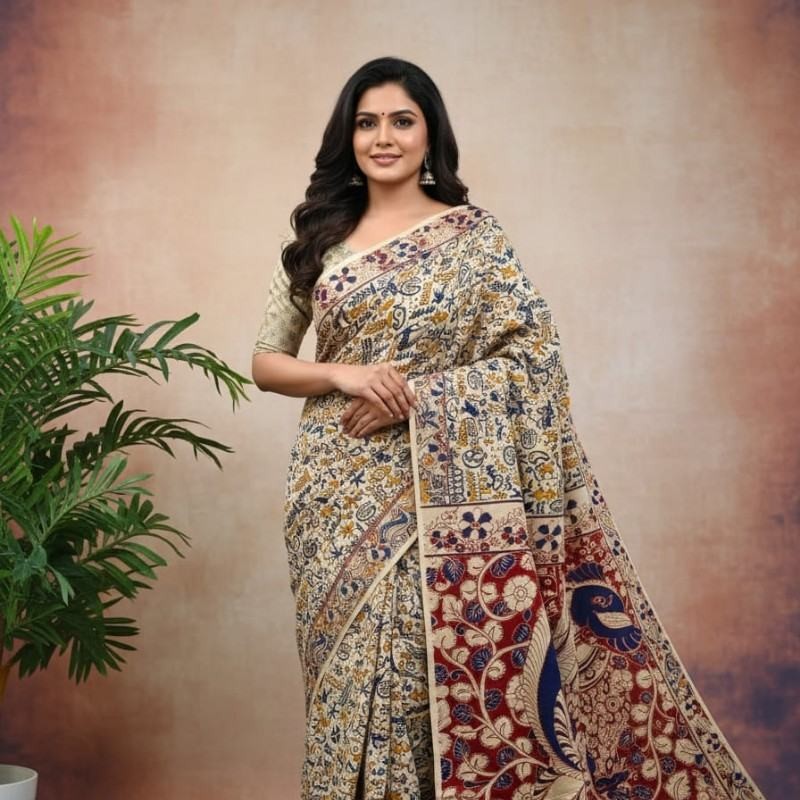 'Lokachitra' Off White canvas with Animal motifs cotton Kalamkari Saree