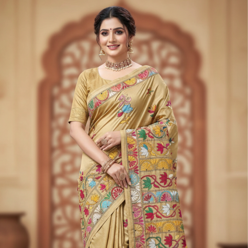 Bangalore Silk Kantha Saree - Buff with Multistitch