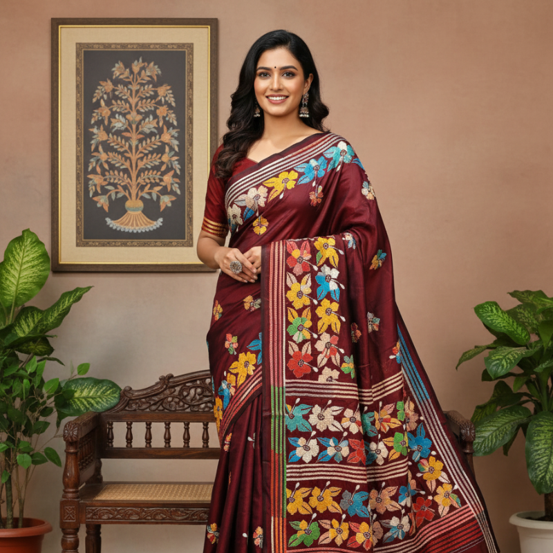 Brown Melody Bangalore Silk Kantha Saree