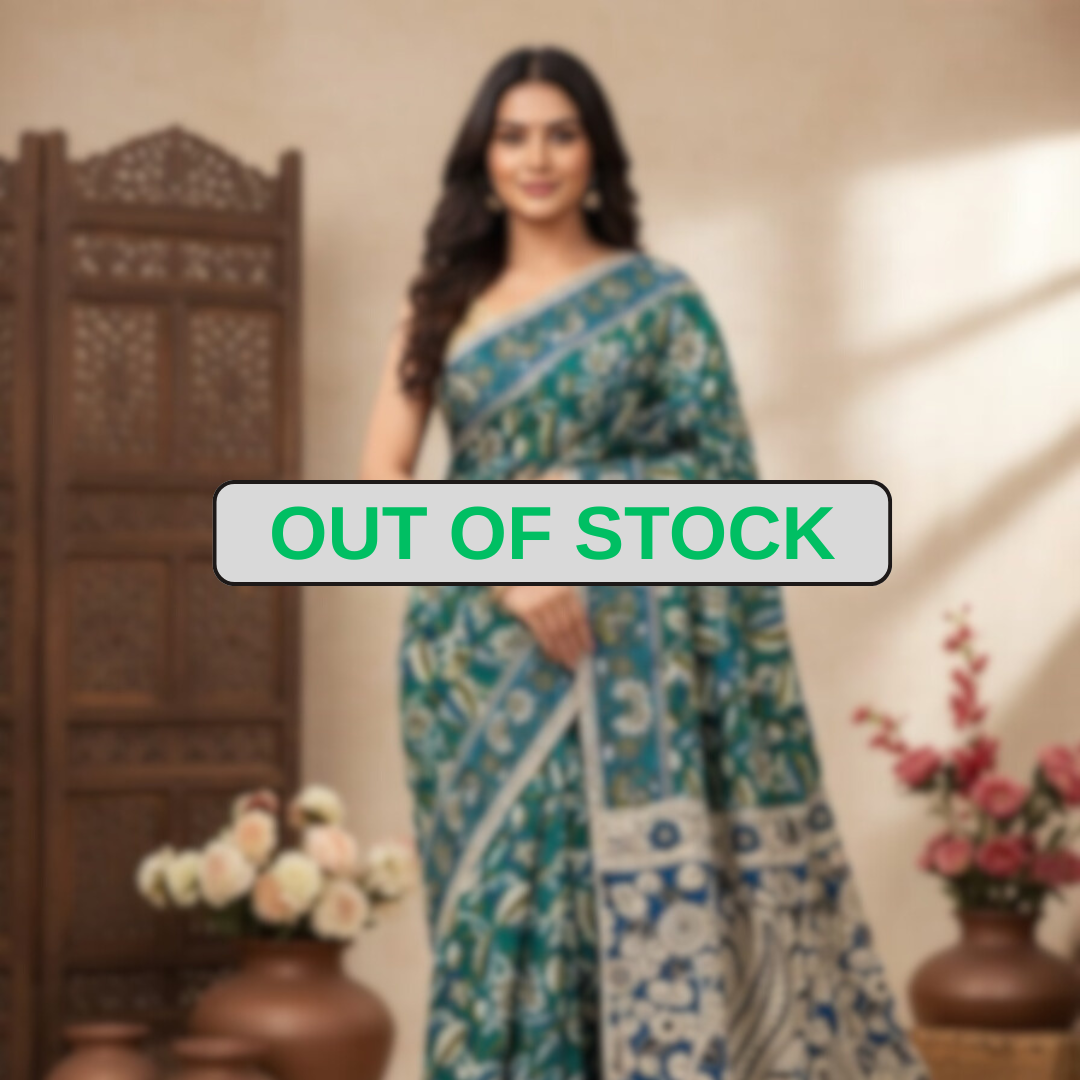 'Indivara' Teal canvas with Lotus motifs cotton Kalamkari Saree