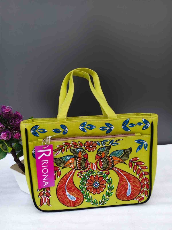 Handpainted Madhubani Double Chain Jute Handbag - Parrot Green