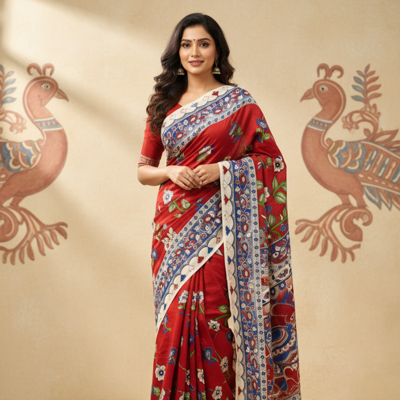 'Mayura-Ragini' Candy Red canvas with Peacock motifs cotton Kalamkari Saree