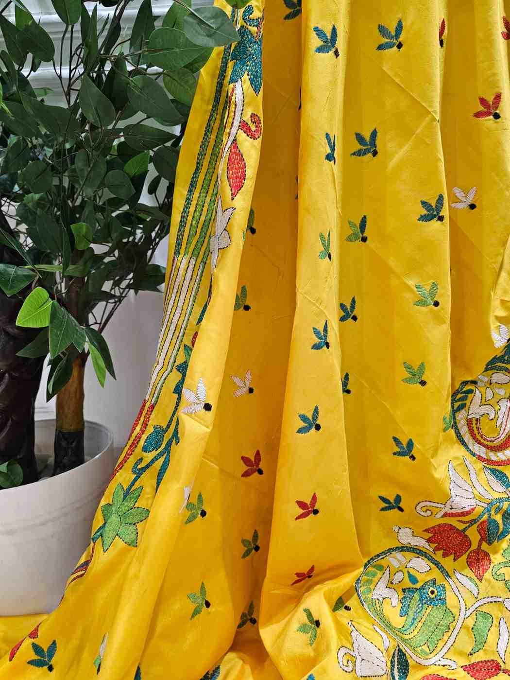 Bangalore Silk Blend Kantha Saree - Yellow