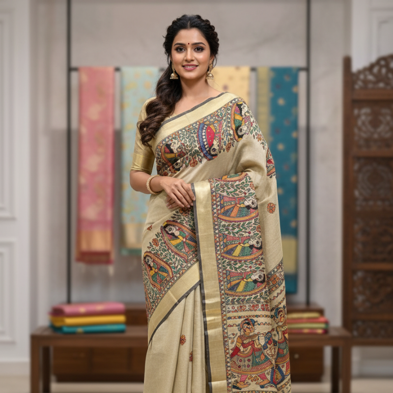 'VIVAH DOLI' Hand painted Madhubani Blend Saree