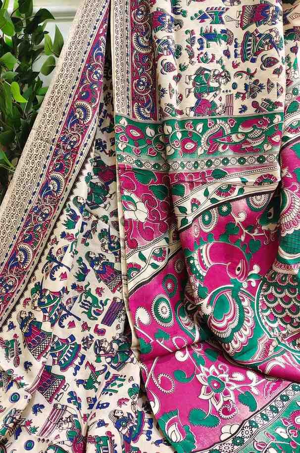 'Gramleela' White base with colorful motifs Nellore Silk Kalamkari Saree