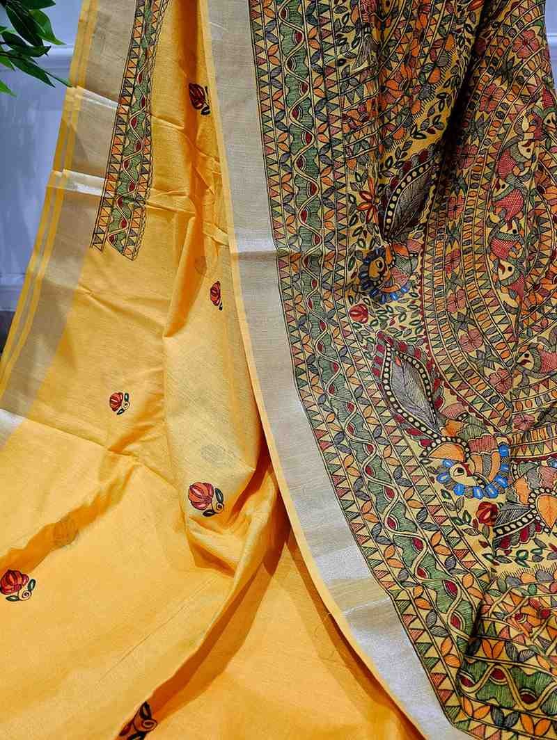 'Kanak Mayuri' Hand painted Madhubani Blend Saree