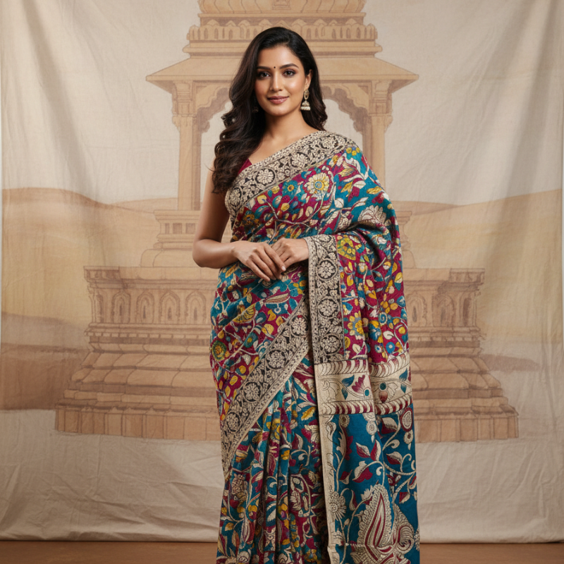 'Tamarparni' Crimson Red canvas with Floral design cotton Kalamkari Saree