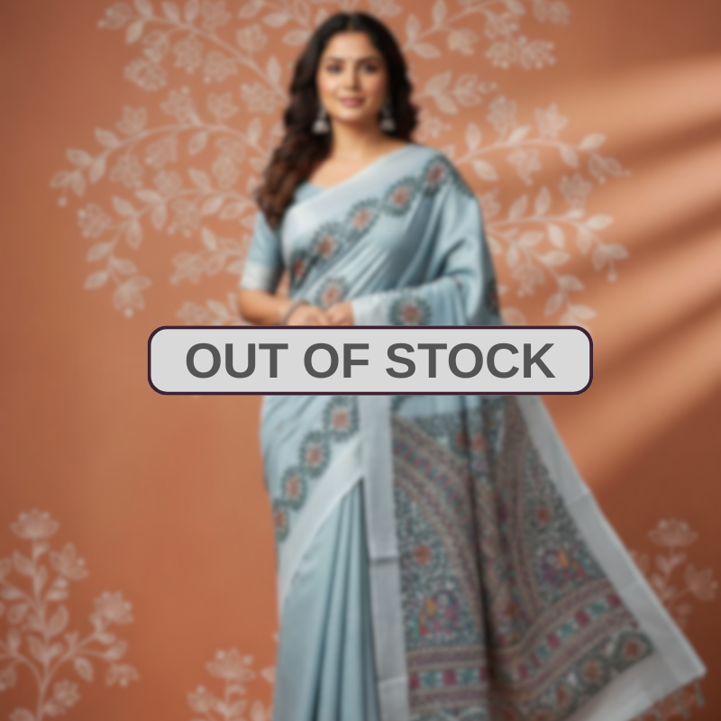 Floral Motifs Greyish Blue Hand painted Madhubani Blend Saree