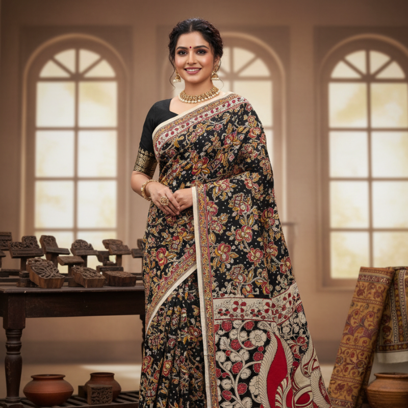 'ShyamKamala' Black Canvas with Floral design cotton Kalamkari Saree