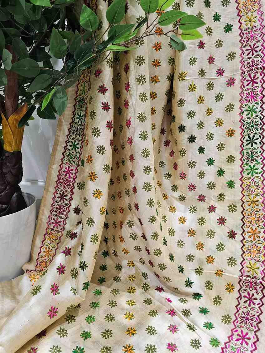 Hand Stitched Kadhwa Kantha Saree - Mixed Colour