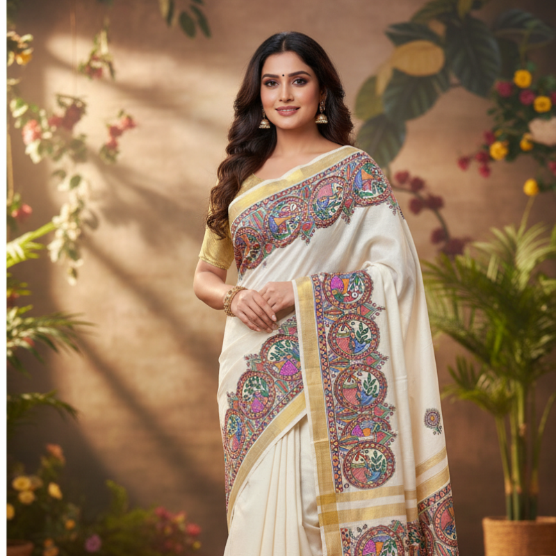 Radhye Shyam - Hand painted Madhubani Blend Saree