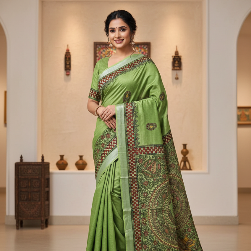 Mastya Sundari Green Bharni Hand painted Madhubani Blend Saree