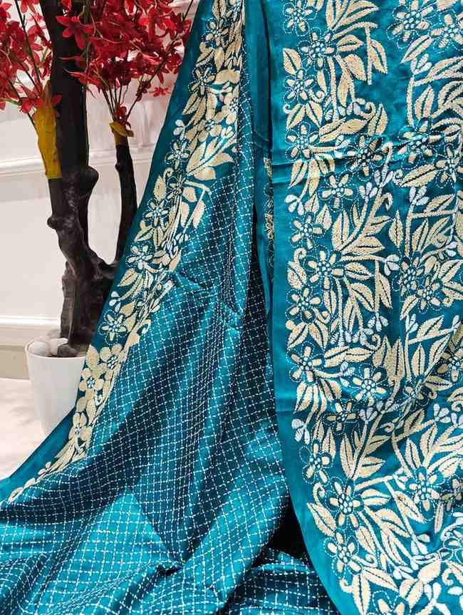 Bangalore Pure Silk Kantha Saree - Greenish Blue
