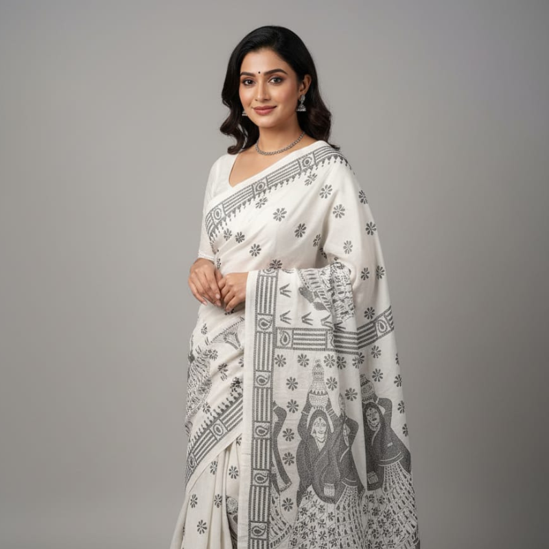 Village Vibe White Bangalore Silk Kantha Saree