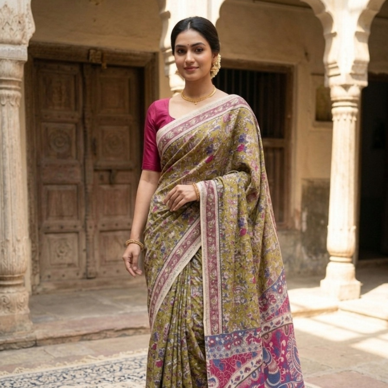 Narikatika Olive Green Nellore Silk Kalamkari Saree